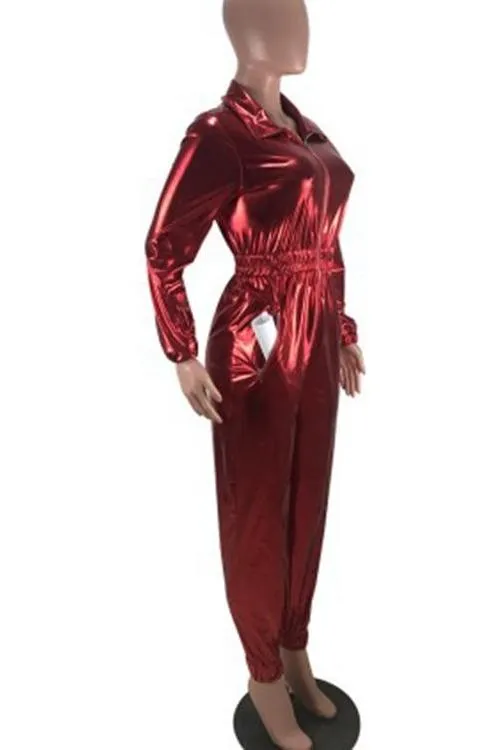 MB FASHION (MIXED BUNDLE 20 PIECE ) Shiny Metallic Long-Sleeve Zip-Up Jumpsuit with Elastic Waist 8250