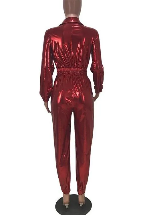 MB FASHION (MIXED BUNDLE 20 PIECE ) Shiny Metallic Long-Sleeve Zip-Up Jumpsuit with Elastic Waist 8250