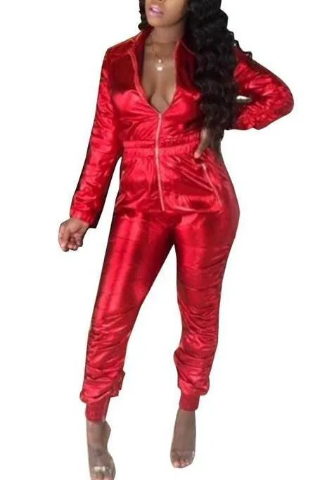 MB FASHION (MIXED BUNDLE 20 PIECE ) Shiny Metallic Long-Sleeve Zip-Up Jumpsuit with Elastic Waist 8250