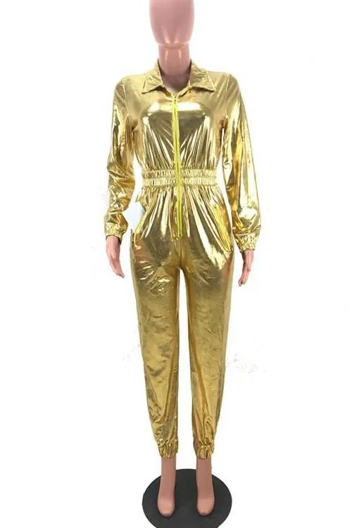 MB FASHION (MIXED BUNDLE 20 PIECE ) Shiny Metallic Long-Sleeve Zip-Up Jumpsuit with Elastic Waist 8250