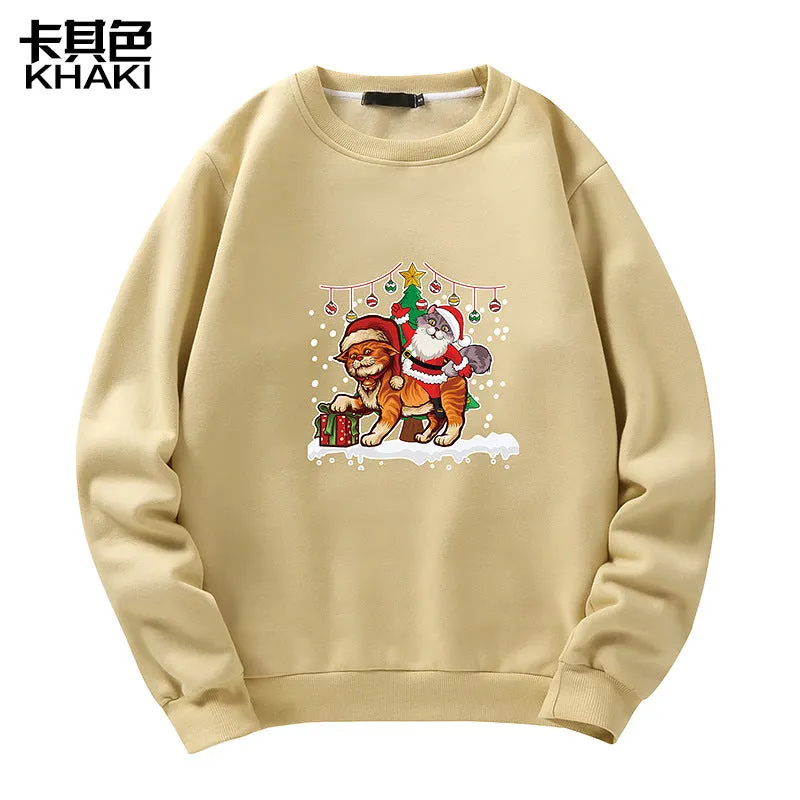 Men's Christmas Cat Print Crew Neck Sweatshirt