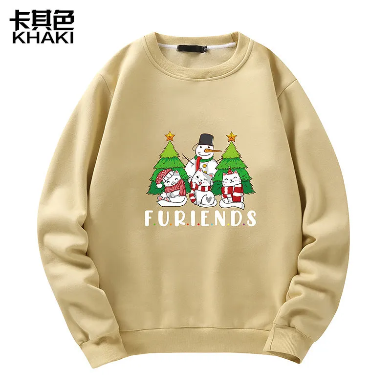 Men's Christmas Cat Print Crew Neck Sweatshirt