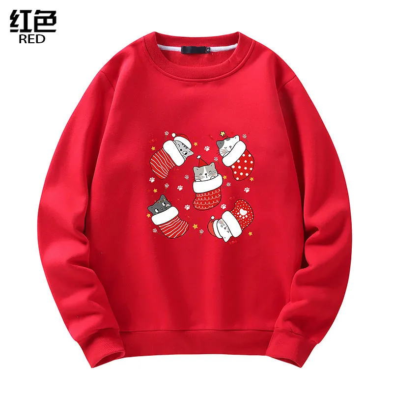 Men's Christmas Cat Print Crew Neck Sweatshirt