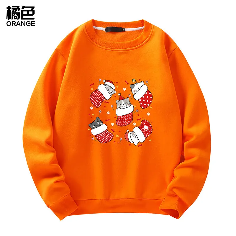Men's Christmas Cat Print Crew Neck Sweatshirt