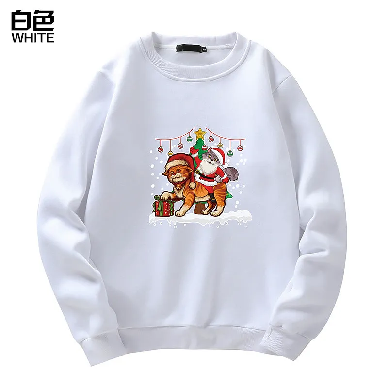 Men's Christmas Cat Print Crew Neck Sweatshirt