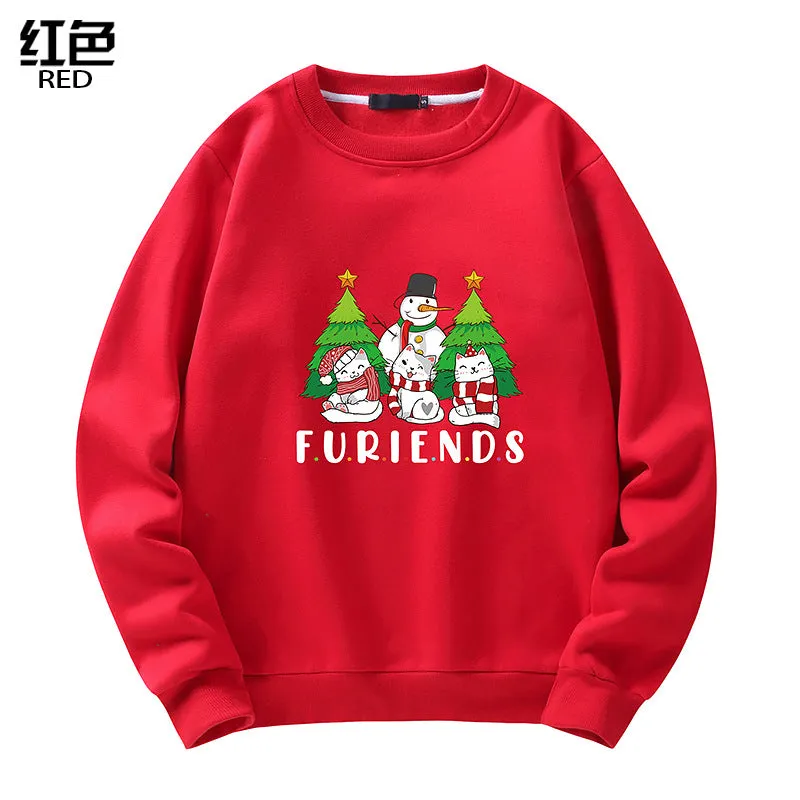 Men's Christmas Cat Print Crew Neck Sweatshirt