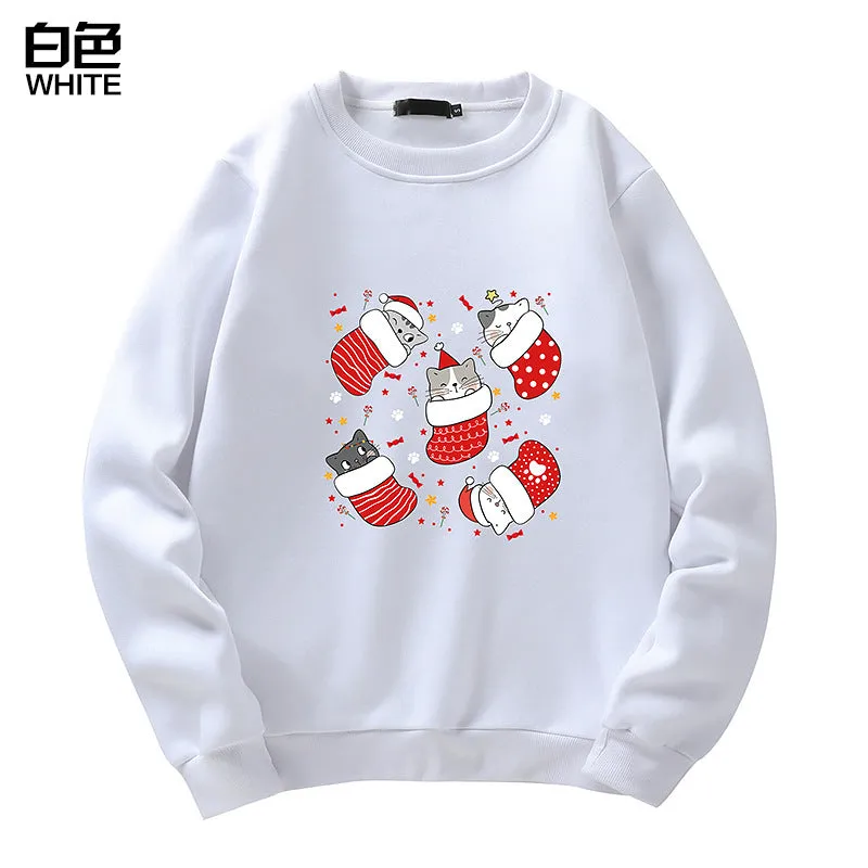 Men's Christmas Cat Print Crew Neck Sweatshirt