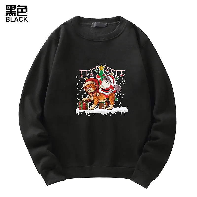 Men's Christmas Cat Print Crew Neck Sweatshirt