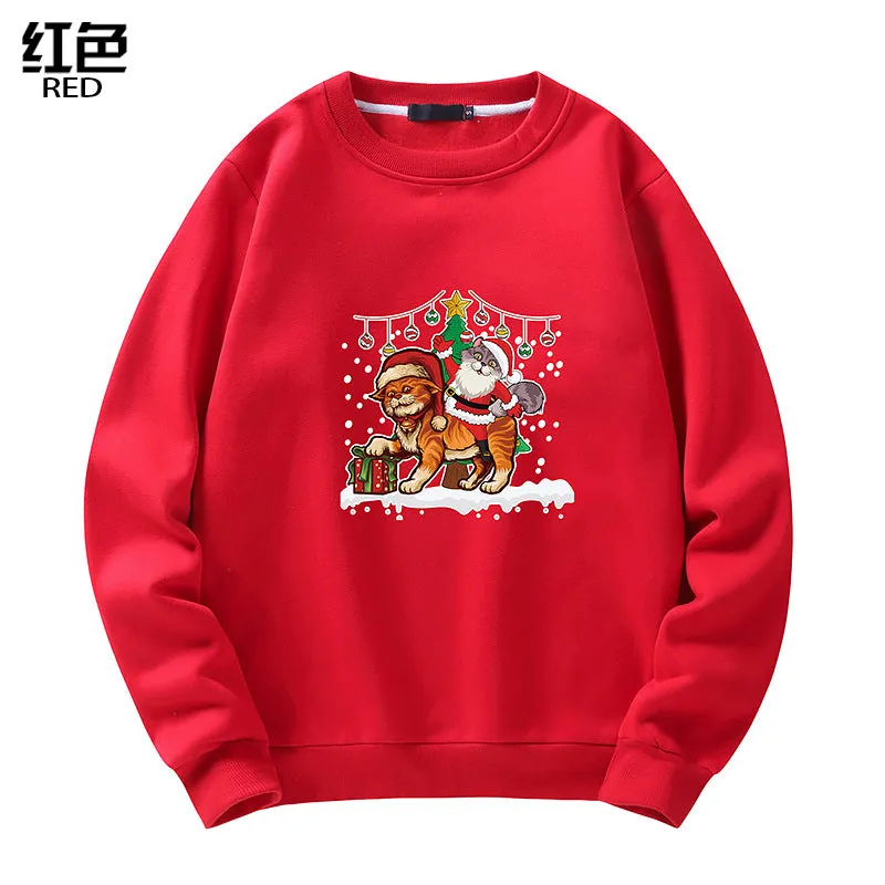 Men's Christmas Cat Print Crew Neck Sweatshirt