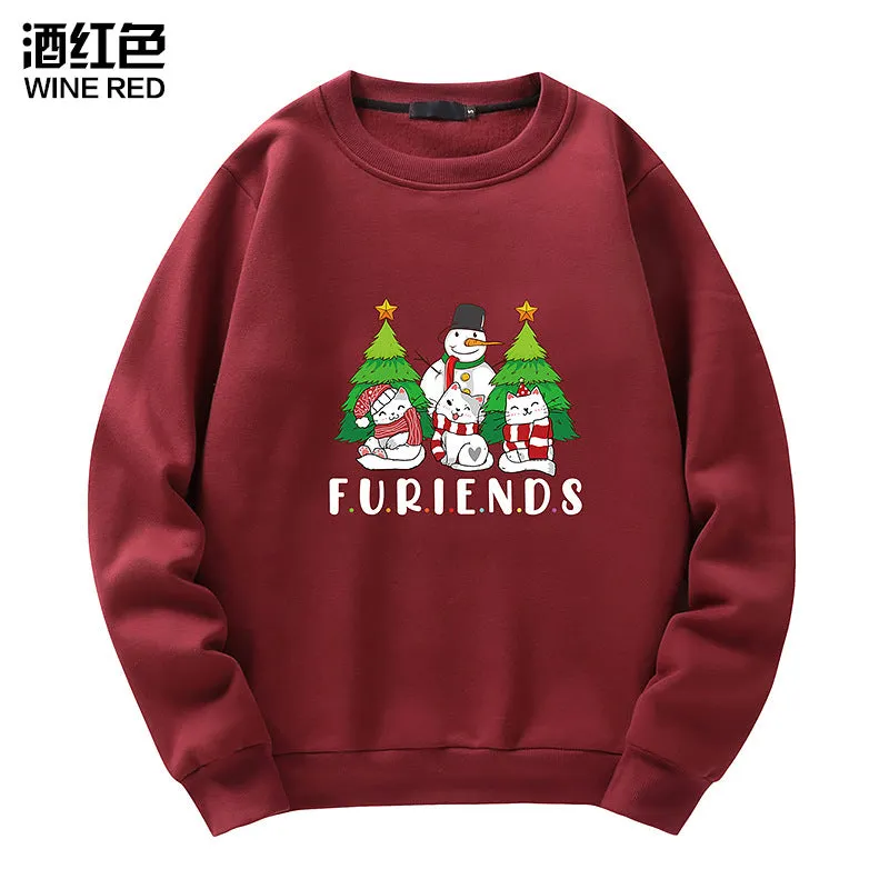 Men's Christmas Cat Print Crew Neck Sweatshirt