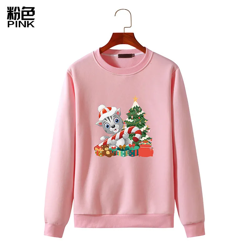 Men's Christmas Cat Print Round Neck Long Sleeve Sweatshirt