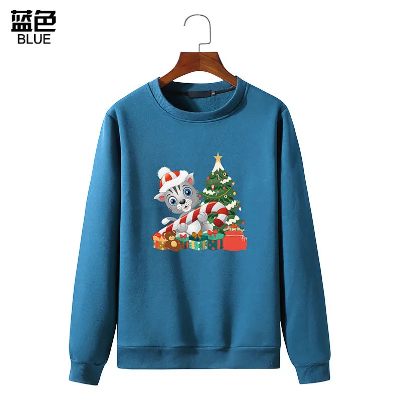 Men's Christmas Cat Print Round Neck Long Sleeve Sweatshirt