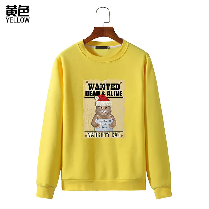 Men's Christmas Cat Print Round Neck Long Sleeve Sweatshirt