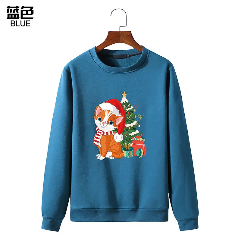Men's Christmas Cat Print Round Neck Long Sleeve Sweatshirt