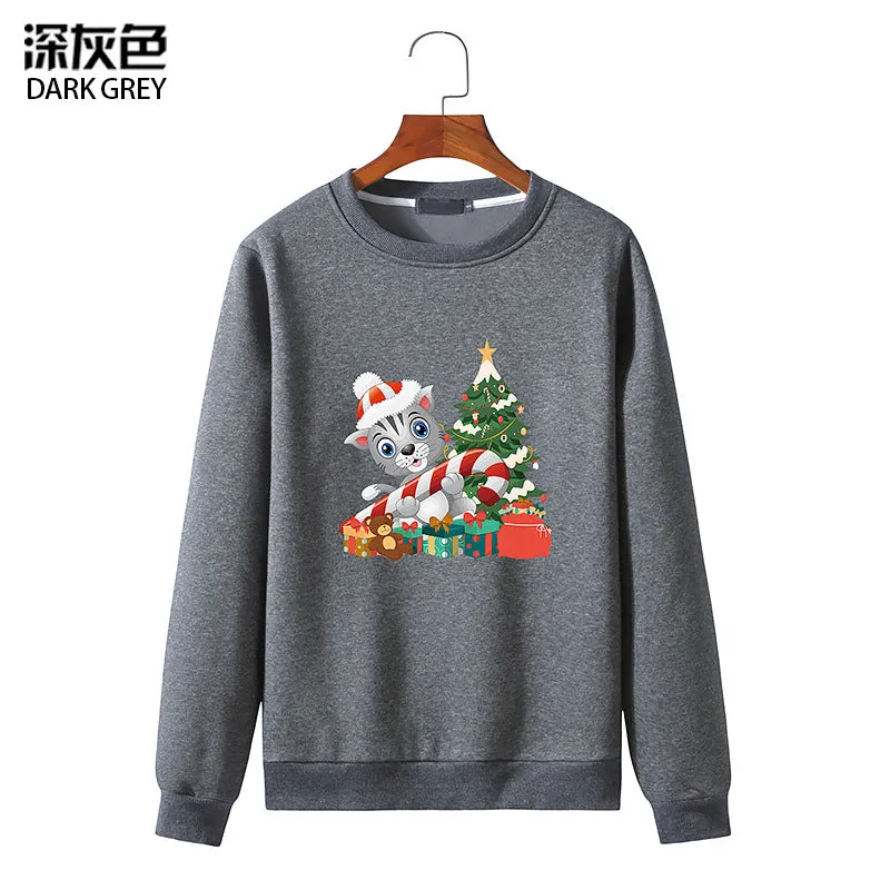 Men's Christmas Cat Print Round Neck Long Sleeve Sweatshirt