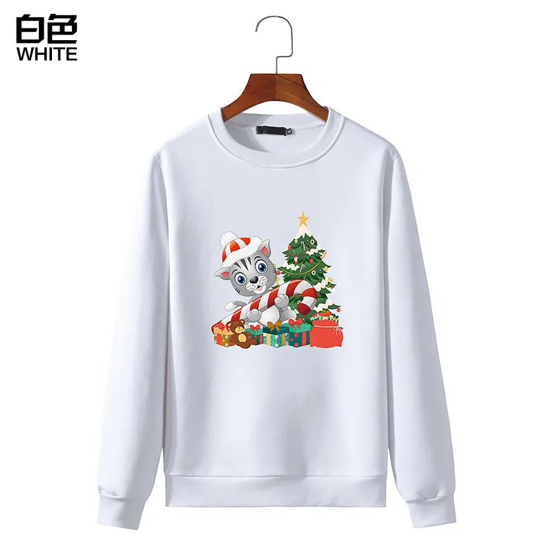 Men's Christmas Cat Print Round Neck Long Sleeve Sweatshirt
