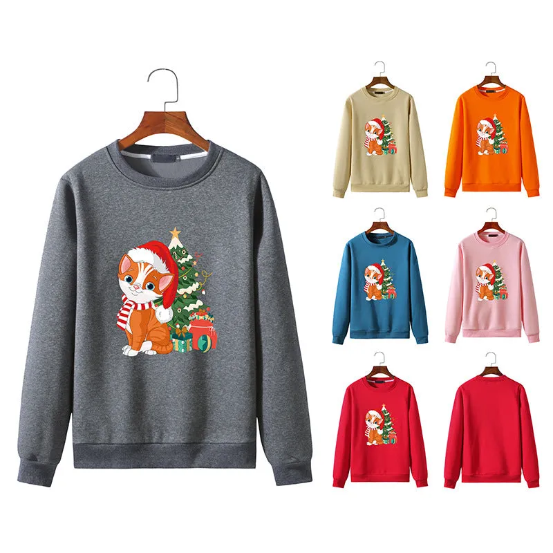 Men's Christmas Cat Print Round Neck Long Sleeve Sweatshirt