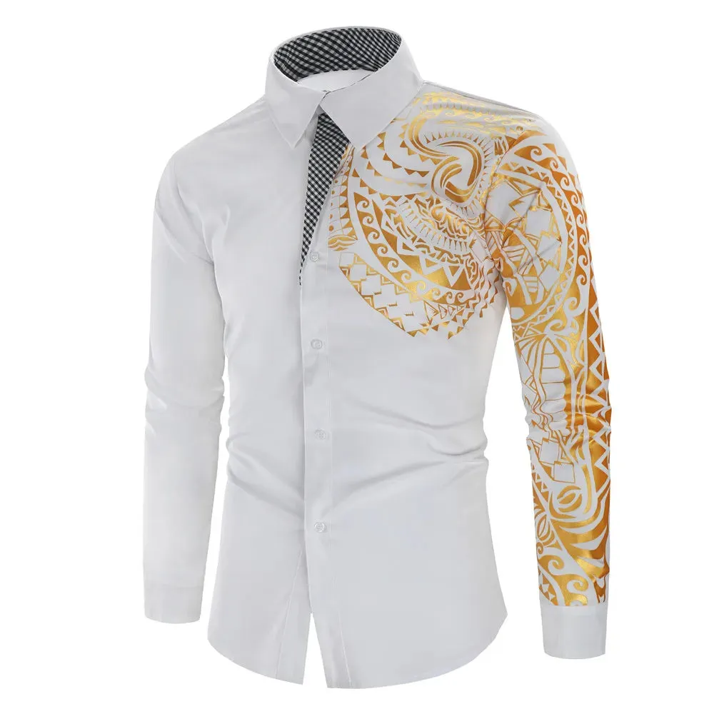 Men's High-Quality Gold Print Long Sleeve Business Dress Shirt