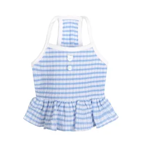 Neon Plaid Tank Top With Ruffled Edge Blue