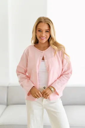 Paris Raw Hem Cardigan-Baby Pink