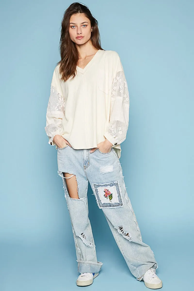 POL Crochet Lace Balloon Sleeve Thermal Waffle Knit V-Neck Top