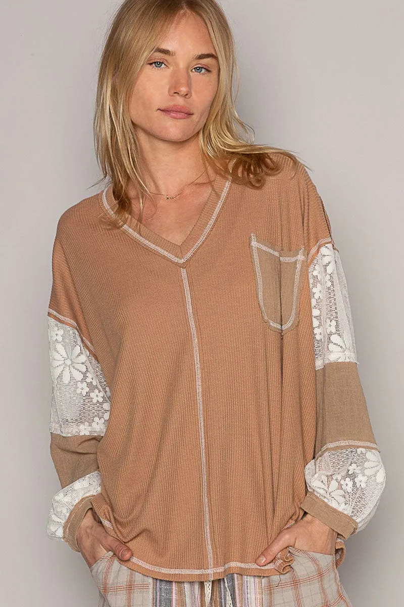 POL Crochet Lace Balloon Sleeve Thermal Waffle Knit V-Neck Top