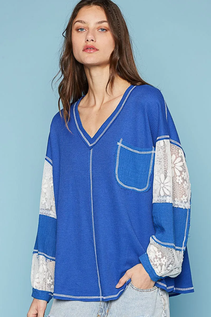 POL Crochet Lace Balloon Sleeve Thermal Waffle Knit V-Neck Top