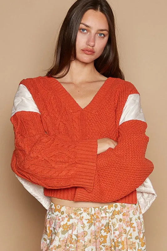 POL Twist Knit Quilting Patch V-Neck Contrast Orange Sweater