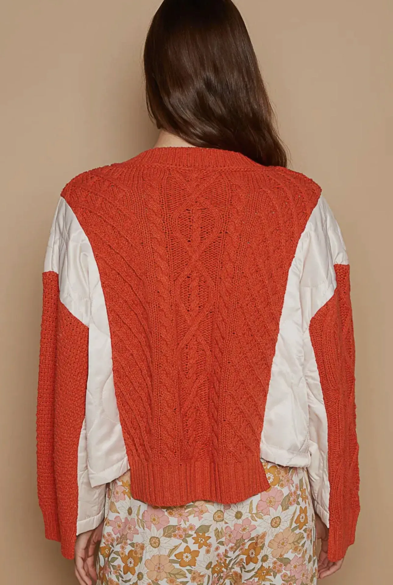 POL Twist Knit Quilting Patch V-Neck Contrast Orange Sweater