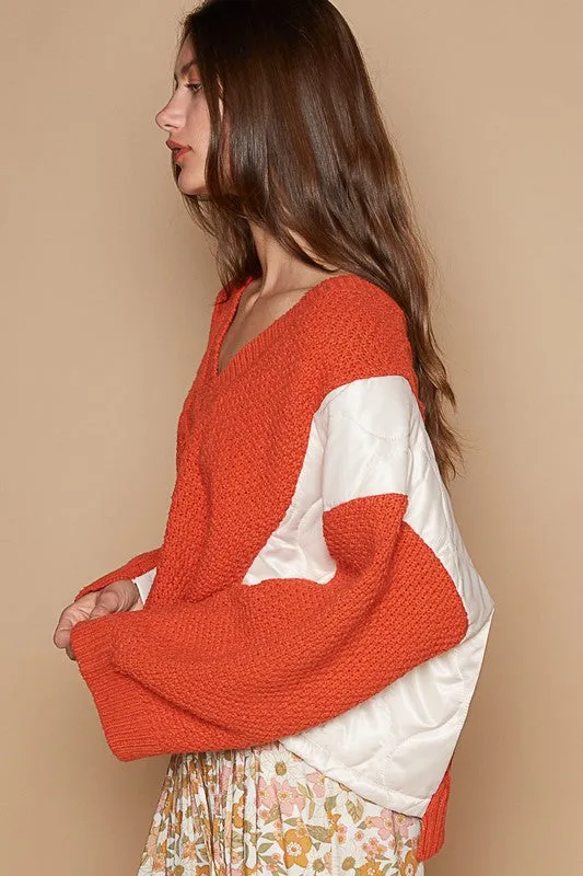 POL Twist Knit Quilting Patch V-Neck Contrast Orange Sweater