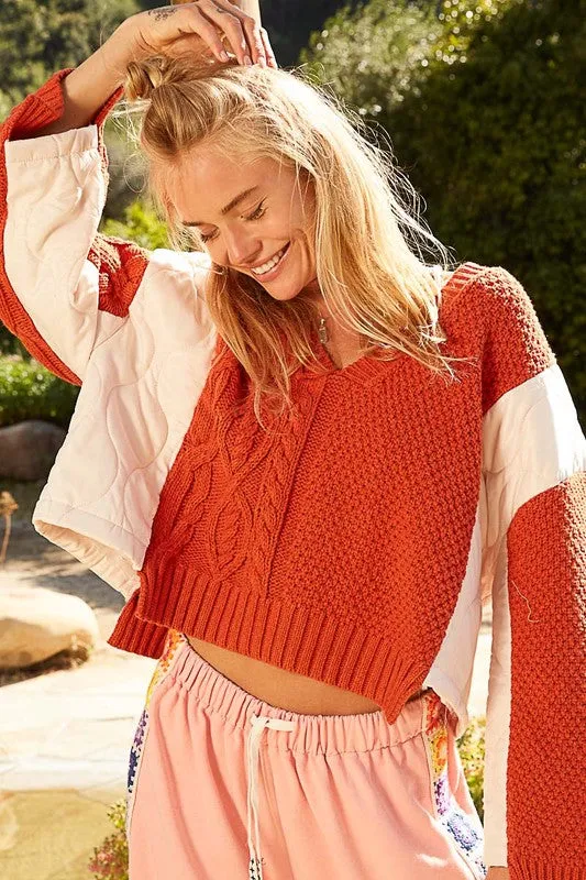 POL Twist Knit Quilting Patch V-Neck Contrast Orange Sweater