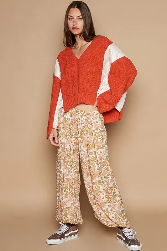 POL Twist Knit Quilting Patch V-Neck Contrast Orange Sweater
