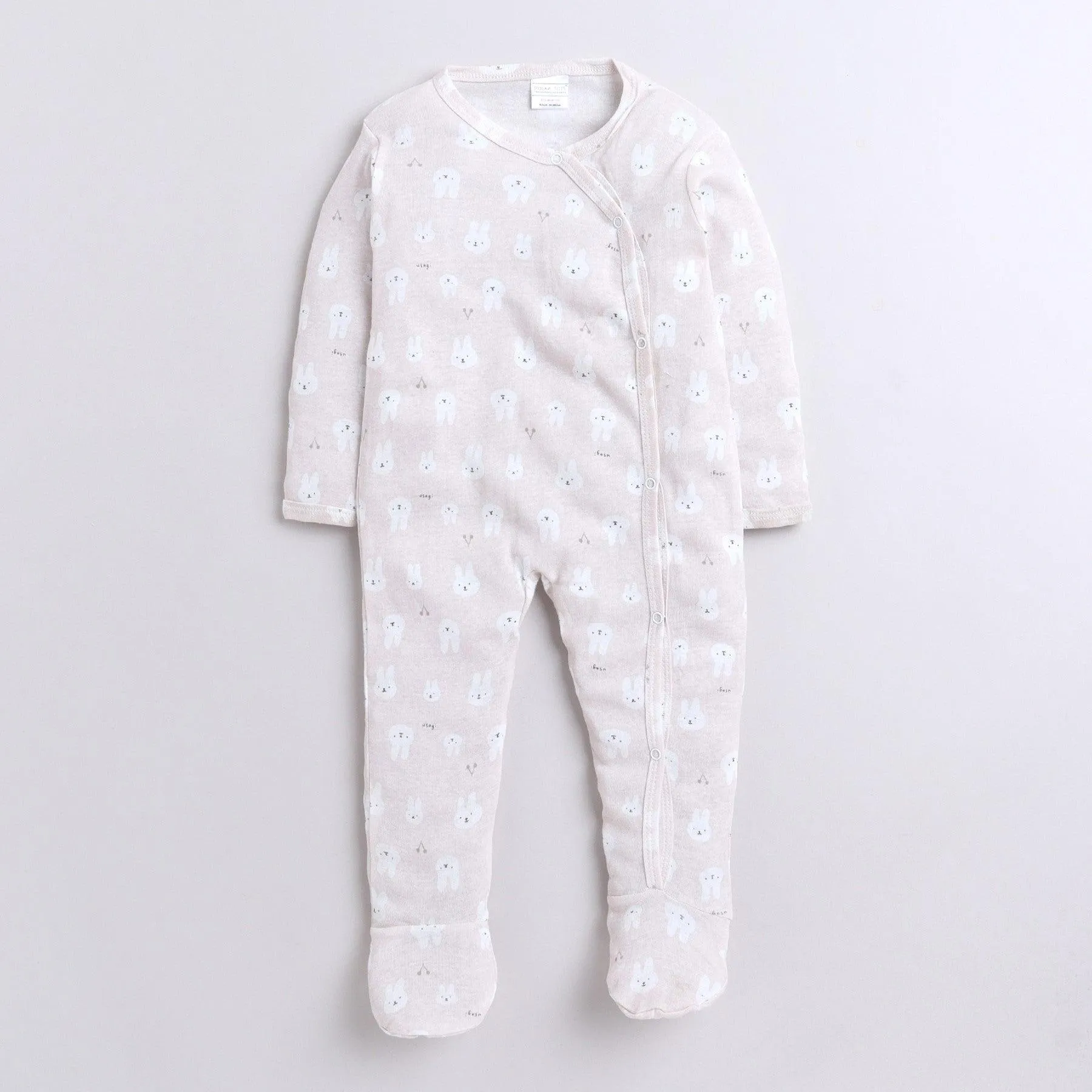 Polka Tots Full Sleeve Bunny Print Footsie - Pink