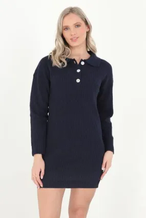 POLO NECK OVERSIZED RIB KNIT MINI DRESS