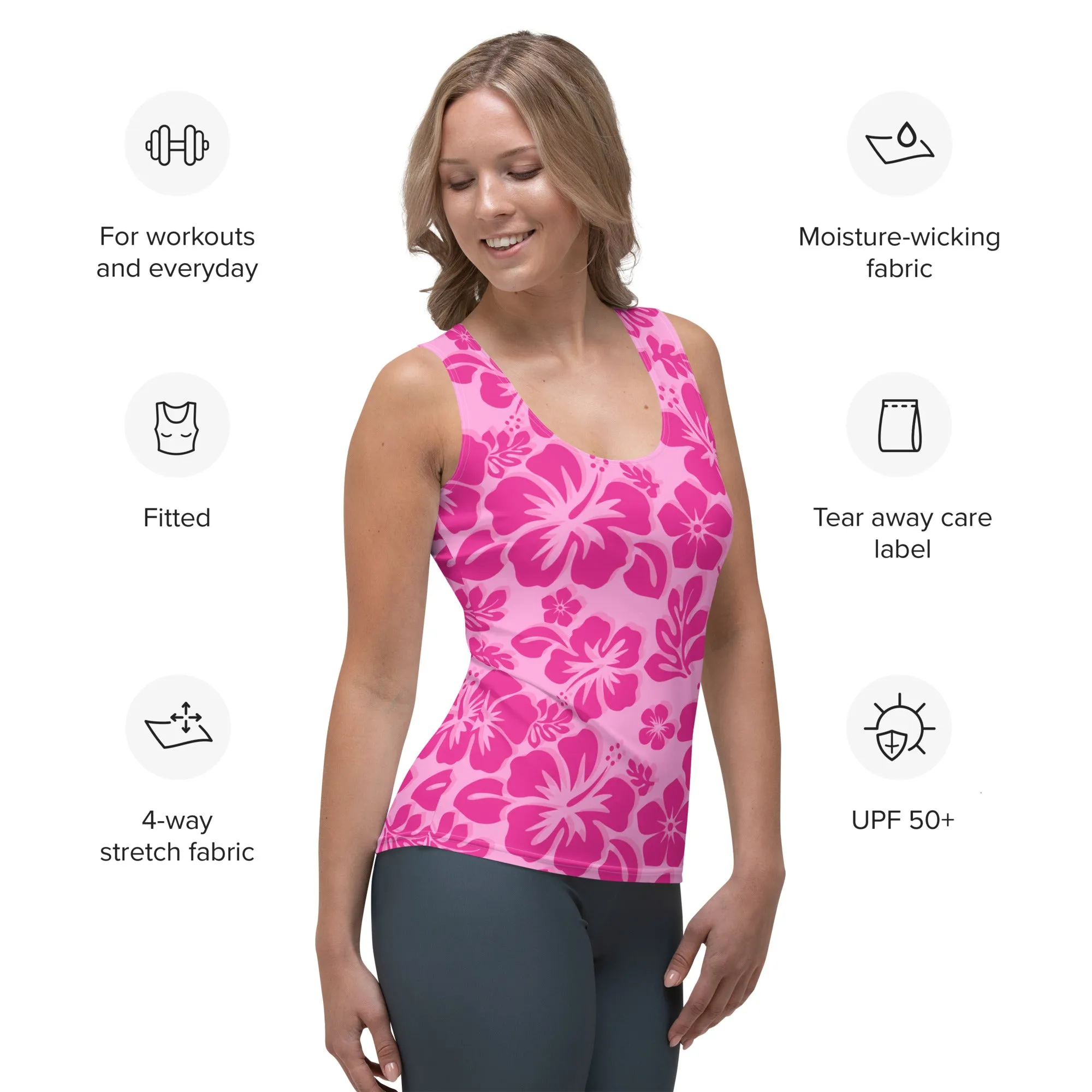 Raspberry Pinks Hawaiian Flowers Women's Athletic Swim Tank Top