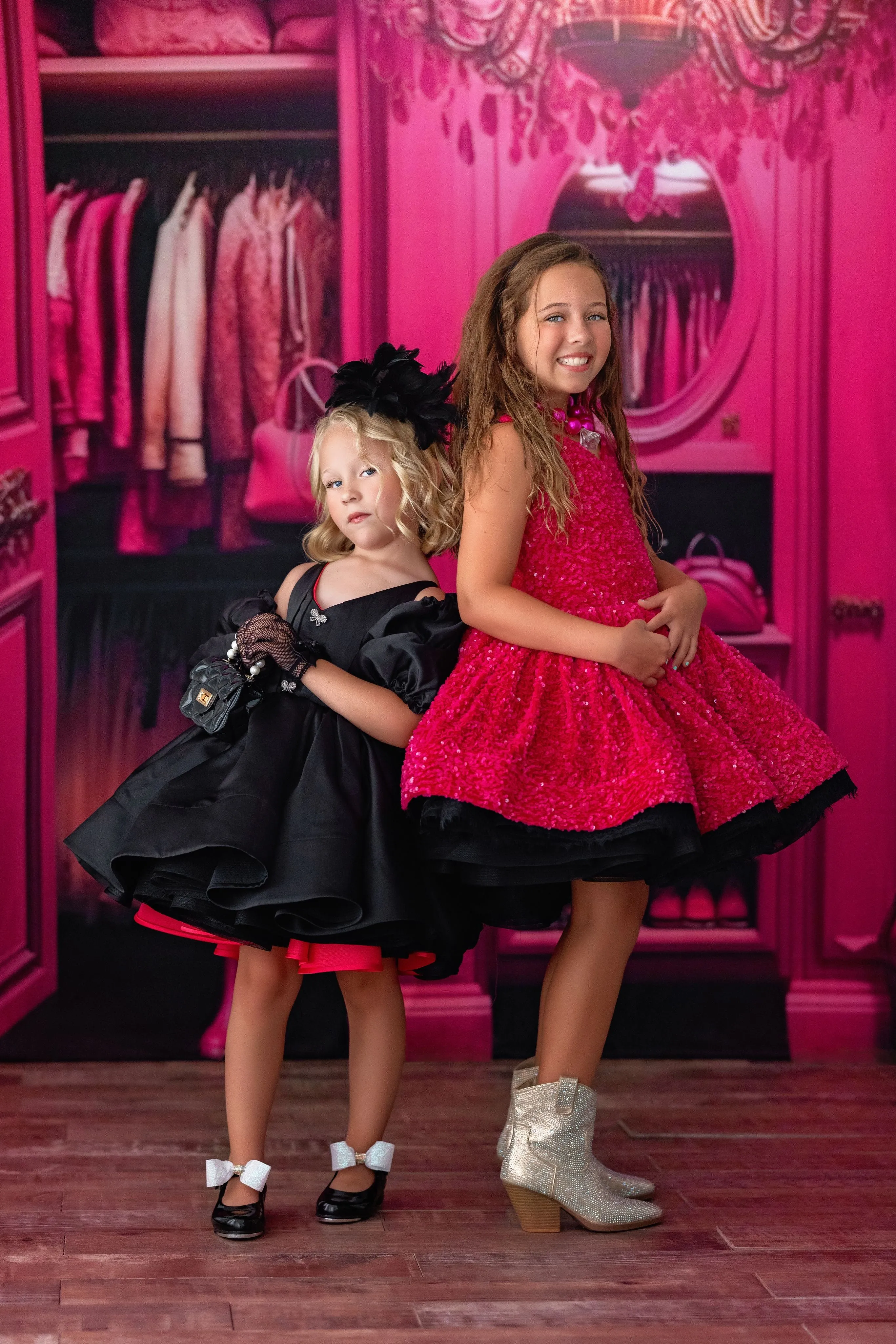 Reversible "Dolly" Pink/Black  Petal  Length Dress   Detach puff sleeves  (5 year- 6 year)