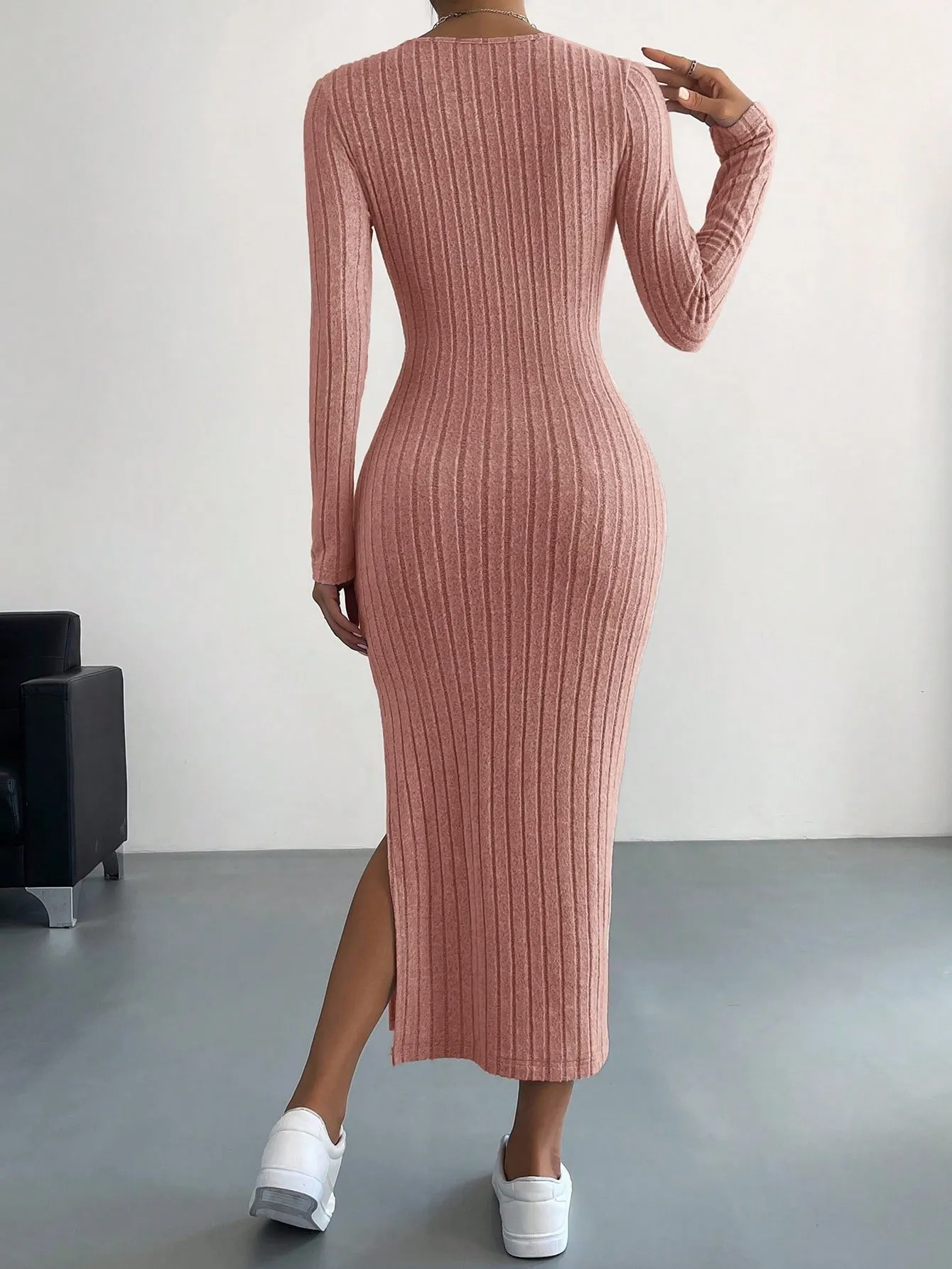 Round Neck Solid Split Thigh Rib-Knit Dress