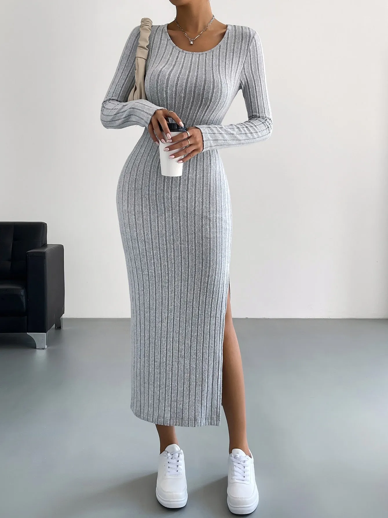 Round Neck Solid Split Thigh Rib-Knit Dress