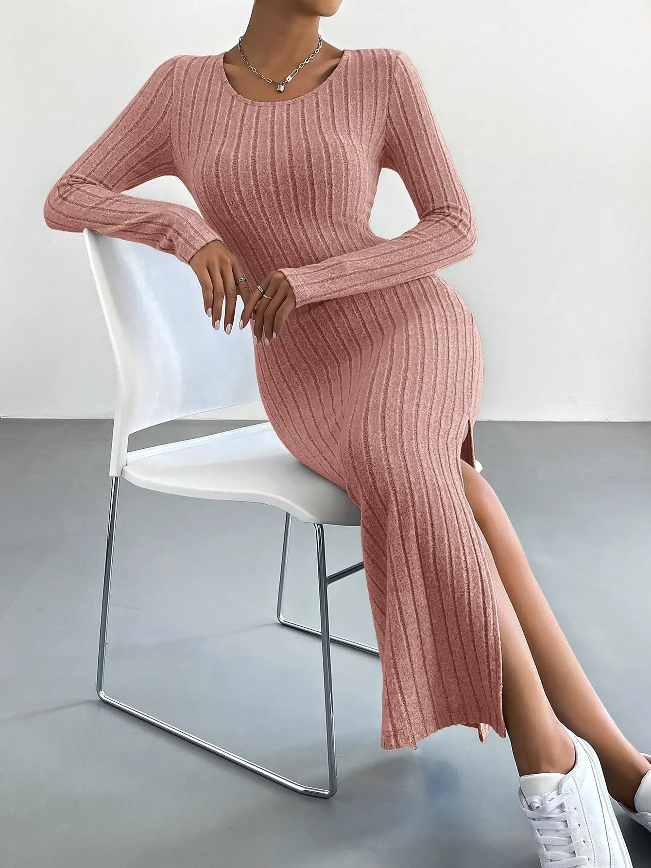 Round Neck Solid Split Thigh Rib-Knit Dress