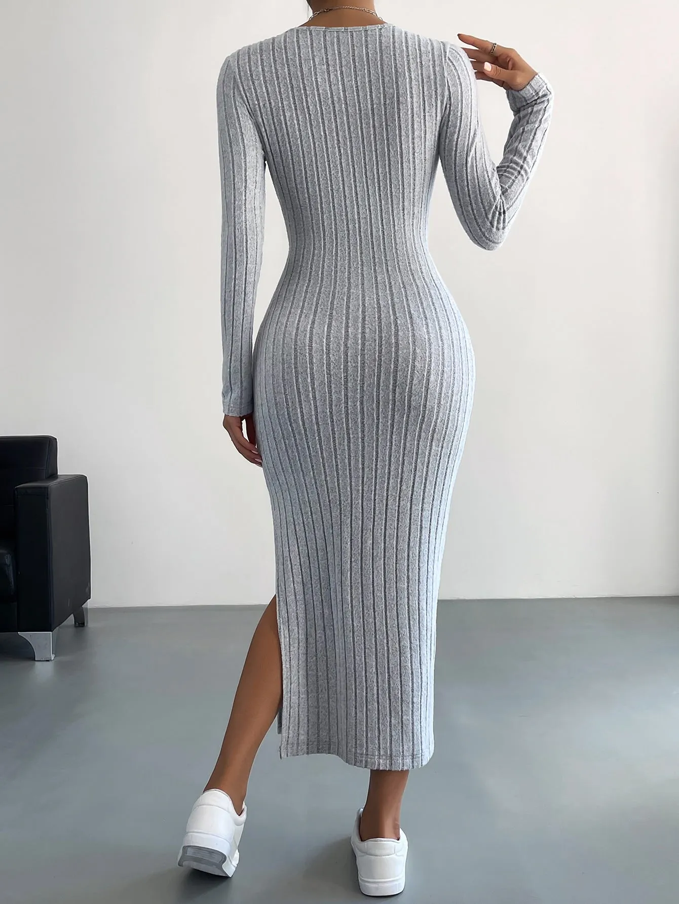 Round Neck Solid Split Thigh Rib-Knit Dress