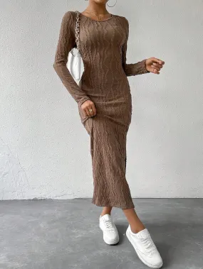 Round Neck Solid Split Thigh Rib-Knit Dress
