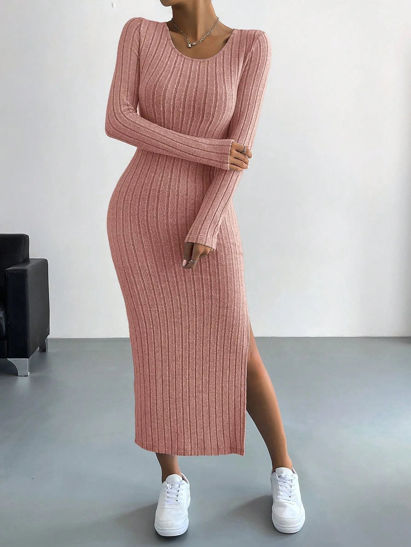 Round Neck Solid Split Thigh Rib-Knit Dress