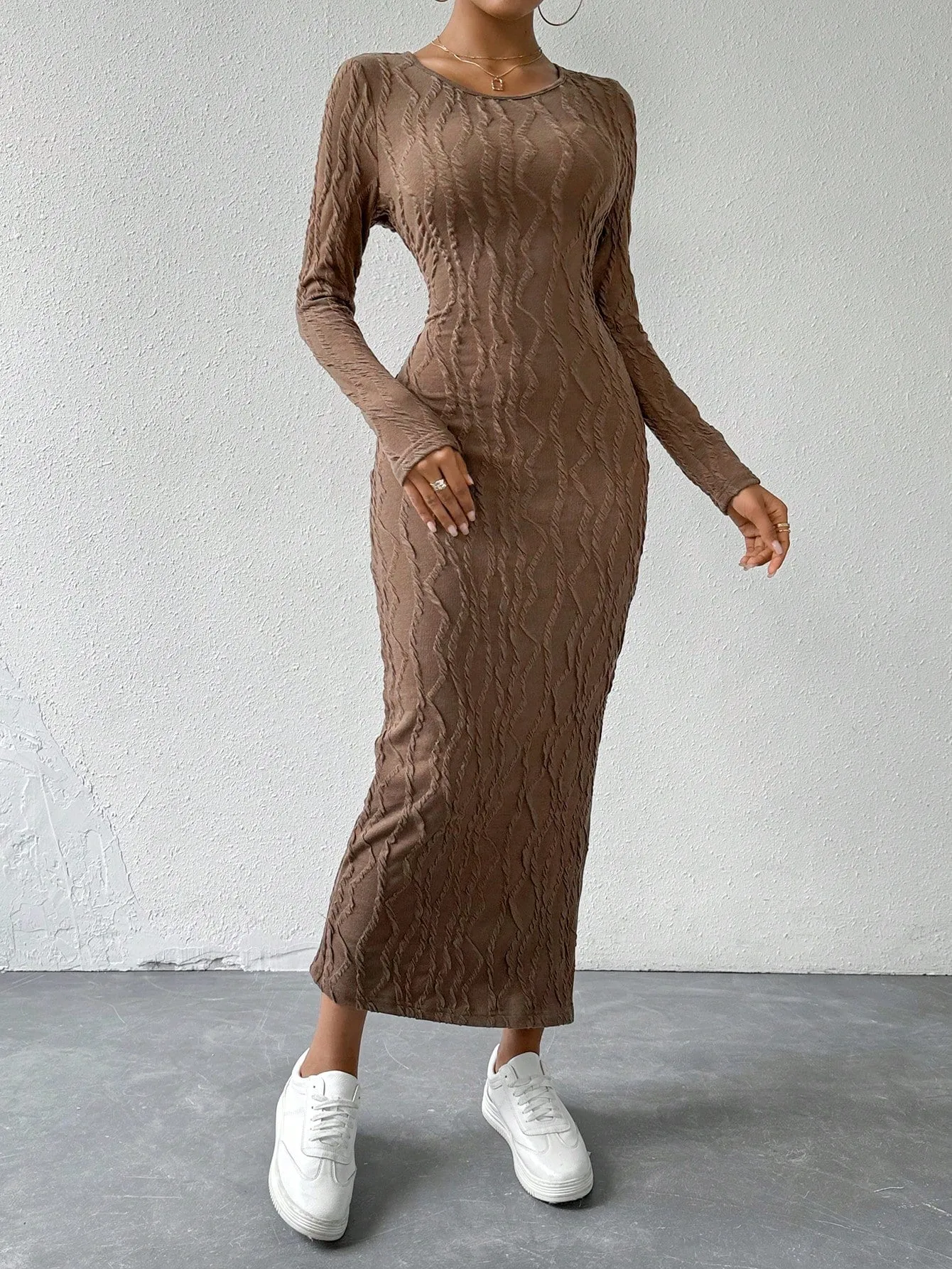 Round Neck Solid Split Thigh Rib-Knit Dress