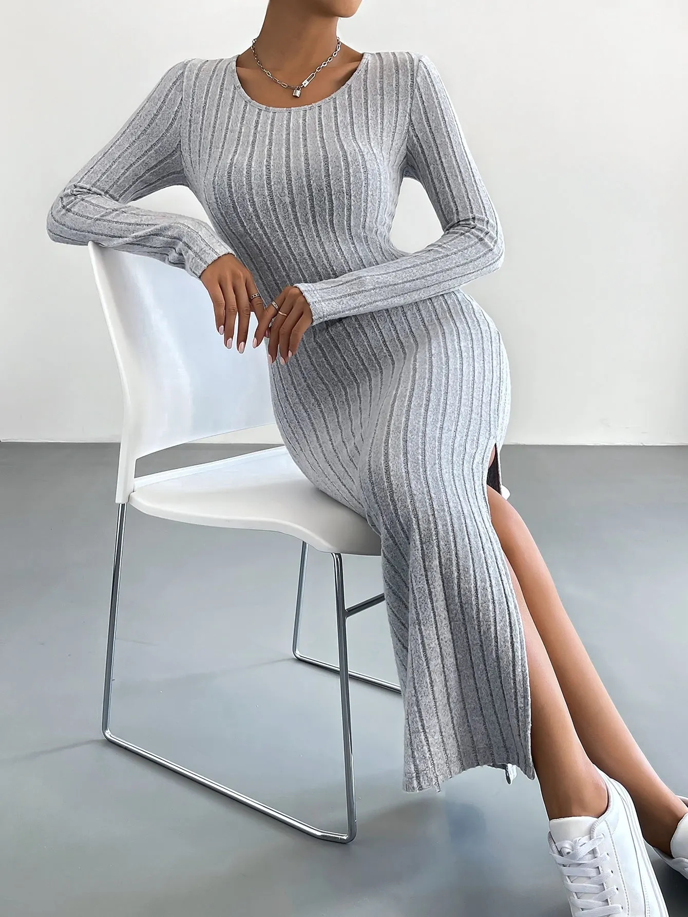 Round Neck Solid Split Thigh Rib-Knit Dress