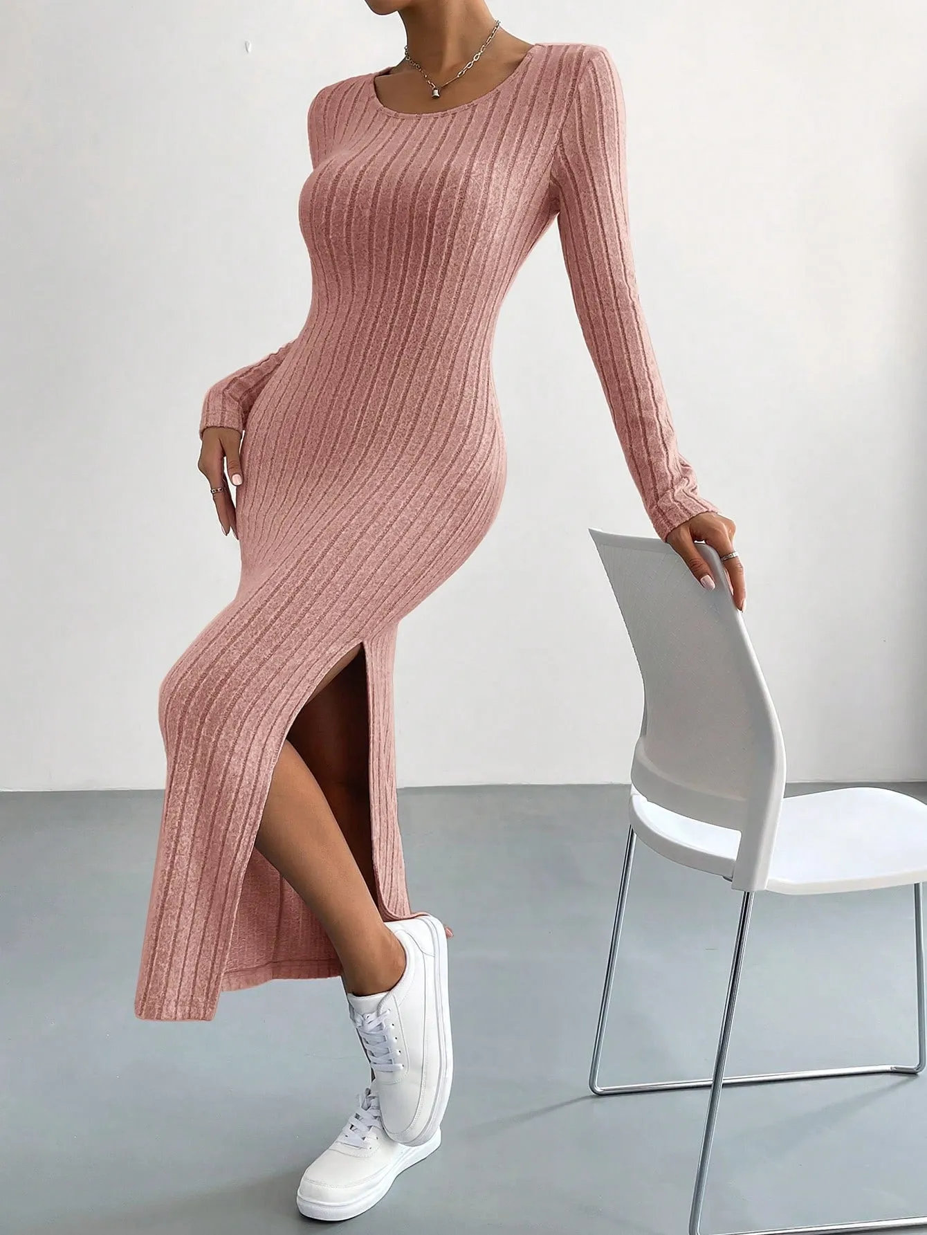 Round Neck Solid Split Thigh Rib-Knit Dress