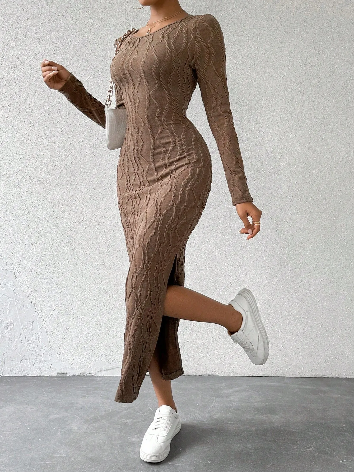 Round Neck Solid Split Thigh Rib-Knit Dress