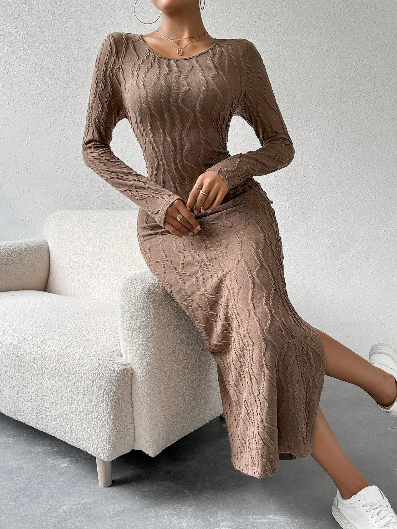 Round Neck Solid Split Thigh Rib-Knit Dress