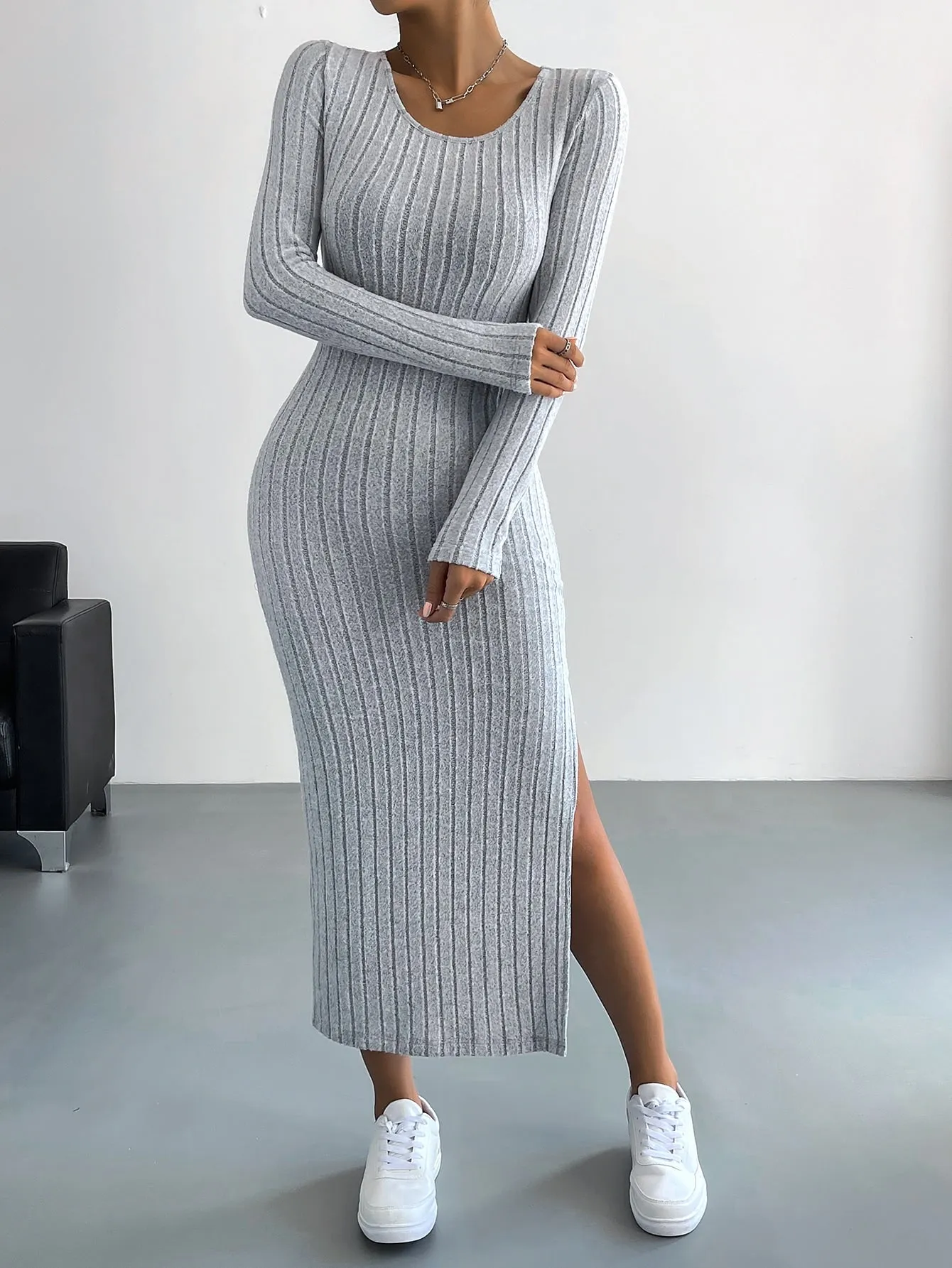 Round Neck Solid Split Thigh Rib-Knit Dress