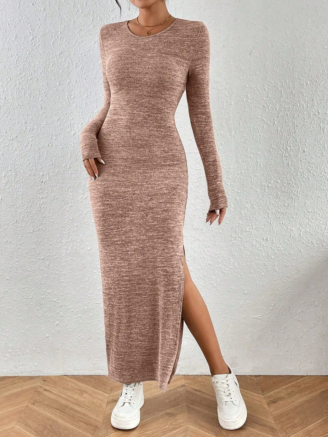 Round Neck Solid Split Thigh Rib-Knit Dress