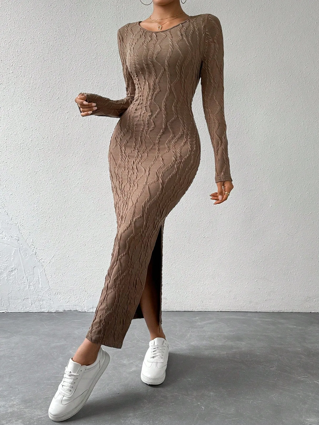 Round Neck Solid Split Thigh Rib-Knit Dress